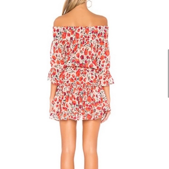 MISA LOS ANGELES RED FLORAL OFF THE SHOULDER MINI SUMMER SUN DRESS SIZE MEDIUM - Picture 2 of 6